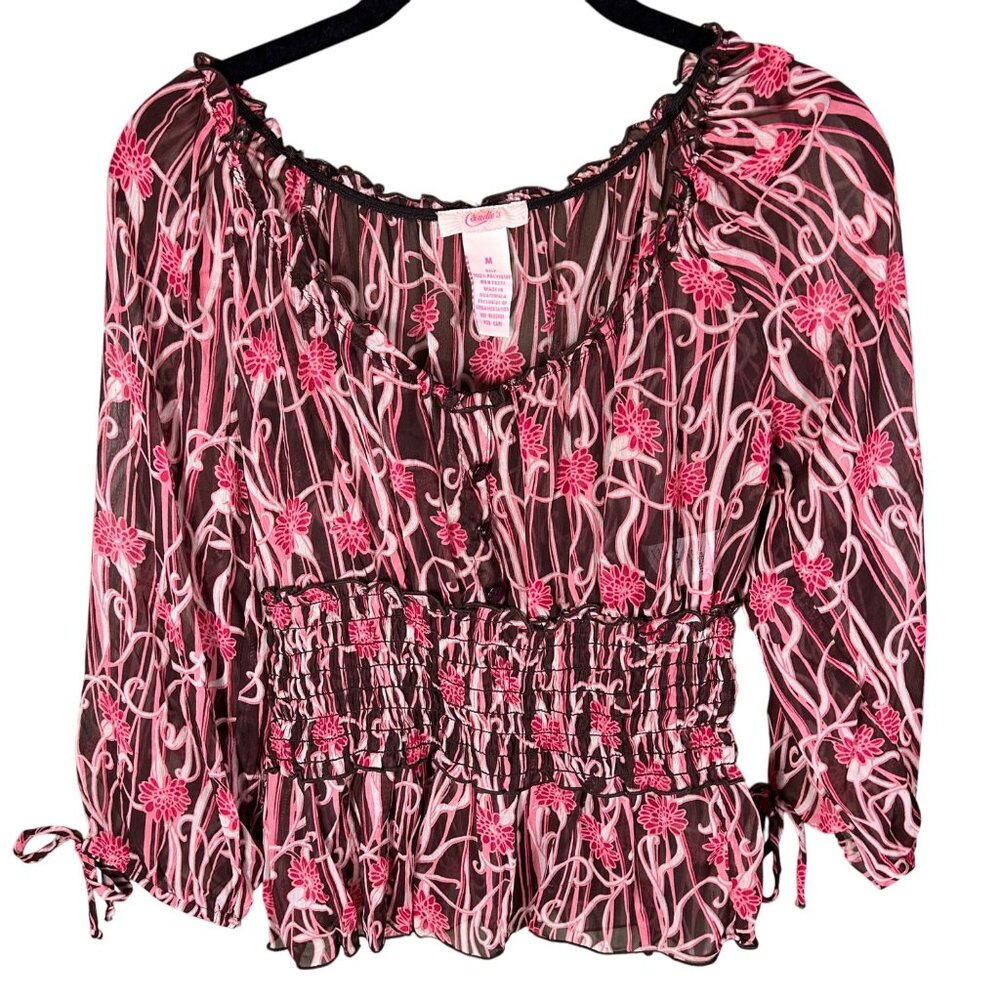 VTG Y2K Candies Womens M Babydoll Top Sheer Brown Pink Floral Fairy Whimsy